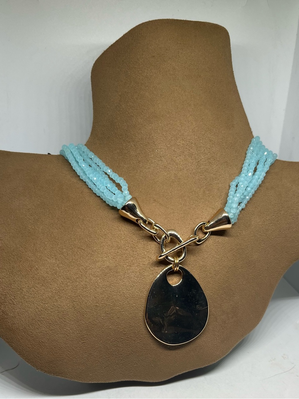 Robert Lee Morris Aqua Beaded Multi-Strand Necklace with Gold Pendant